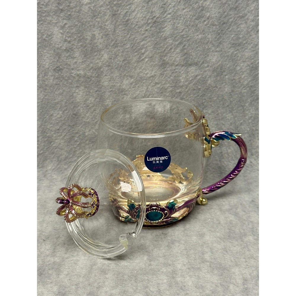Luminarc Glass Tea Mug Cup Purple Gold Crown Lid Ornate Cup - Picture 5 of 9